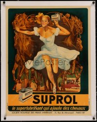 3j0137 SUPROL linen 21x27 French advertising poster 1949 Peron art of a woman w/ motor oil & horses!