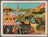 3j0151 WILLSONS' LEICESTER linen 30x40 English carnival poster 1950s colorful art of rides!