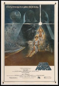 3j0439 STAR WARS linen first printing 1sh 1977 art by Tom Jung, domestic version with PG rating!