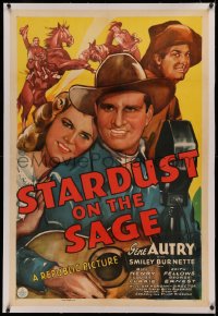 3j0441 STARDUST ON THE SAGE linen 1sh 1942 great art of Gene Autry w/ guitar, Edith Fellows & Smiley!