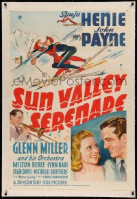 3j0445 SUN VALLEY SERENADE linen 1sh 1941 art of Sonja Henie & John Payne skiing + Glenn Miller!