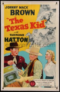 3j0454 TEXAS KID linen 1sh 1943 art of cowboys Johnny Mack Brown, Raymond Hatton & girl!