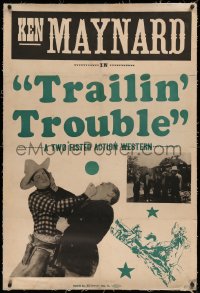3j0464 TRAILING TROUBLE linen 1sh R1940s great image of cowboy Ken Maynard fighting bad guy!