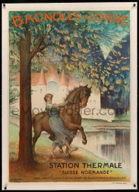 3j0158 BAGNOLES DE L'ORNE linen 29x41 French travel poster 1922 Leandre art of woman taming horse!