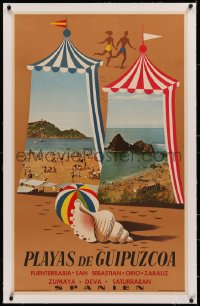 3j0163 PLAYAS DE GUIPUZCOA linen 25x39 Spanish travel poster 1950s art of tents with beach photos!