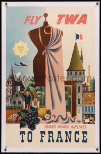 3j0169 TWA FRANCE linen 25x40 travel poster 1950s Greco montage art of famous French landmarks!