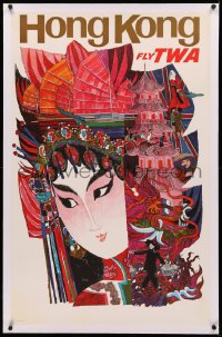 3j0170 TWA HONG KONG linen 25x40 travel poster 1960s David Klein montage art of pretty Asian woman!