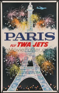 3j0172 TWA PARIS linen 25x40 travel poster 1960s David Klein art of Eiffel Tower & fireworks!