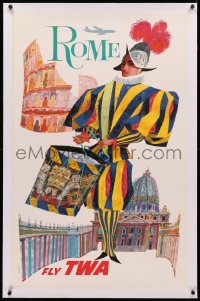 3j0173 TWA ROME linen 25x40 travel poster 1960s David Klein art of colorful soldier beating drum!