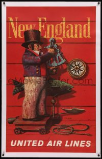 3j0175 UNITED AIR LINES NEW ENGLAND linen 25x40 travel poster 1960s Stan Galli art of man w/sextant!