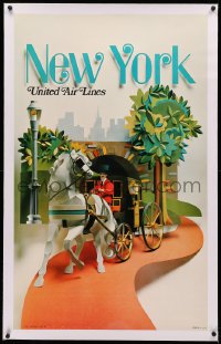 3j0176 UNITED AIR LINES NEW YORK linen 25x41 travel poster 1971 art of hansom cab in Central Park!