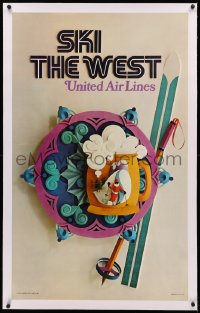 3j0177 UNITED AIR LINES SKI THE WEST linen 25x41 travel poster 1972 cool collage with skis & beer!