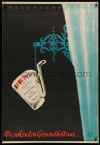 3j0160 WIR SCHENKEN GESUNDHEIT AUS linen 28x39 Czech travel poster 1950s Feiglova art of spa cup!