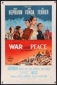 3j0470 WAR & PEACE linen 1sh 1956 art of Audrey Hepburn, Henry Fonda & Mel Ferrer, Leo Tolstoy epic!