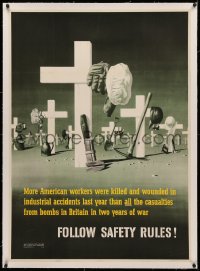 3j0115 FOLLOW SAFETY RULES linen 29x40 WWII war poster 1942 art of graves with workers' tools, rare!