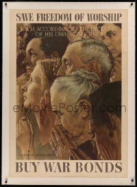 3j0113 SAVE FREEDOM OF WORSHIP linen 29x41 WWII war poster 1943 Norman Rockwell Four Freedoms art!