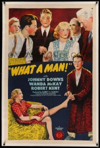 3j0474 WHAT A MAN linen 1sh 1944 great art of Johnny Downs, Wanda McKay, Robert Kent & cast!