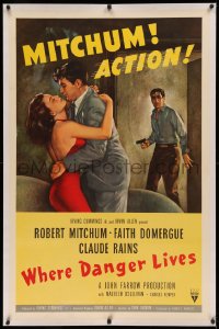 3j0475 WHERE DANGER LIVES linen 1sh 1950 classic art of Robert Mitchum & Faith Domergue + Rains w/gun
