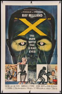 3j0483 X: THE MAN WITH THE X-RAY EYES linen 1sh 1963 Ray Milland strips souls & bodies, cool art!