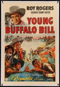 3j0485 YOUNG BUFFALO BILL linen 1sh 1940 cool art of Roy Rogers, Gabby Hayes & Chief Thundercloud!
