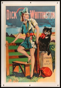 3k0136 DICK WHITTINGTON linen stage play English 40x60 1930s cool artwork of sexy female lead & cat!