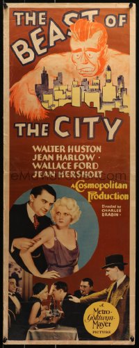 3k0046 BEAST OF THE CITY insert 1932 sexy Jean Harlow, Walter Huston fights the Mob, ultra rare!