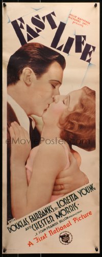 3k0050 FAST LIFE insert 1929 c/u of lawyer Douglas Fairbanks Jr. kissing Loretta Young, ultra rare!