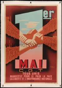 3k0181 1ER MAI linen 32x47 French special poster 1950 Herve Morvan interlocking hands art, May Day!