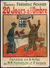 3k0188 20 JOURS A L'OMBRE linen 44x60 French stage poster 1900s Brissaud art of jailer & prisoner!
