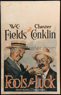 3k0081 FOOLS FOR LUCK WC 1928 great close up art of W.C. Fields pulling Chester Conklin's mustache!