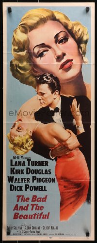 3m0044 BAD & THE BEAUTIFUL insert 1953 wonderful art of Kirk Douglas in tux with sexy Lana Turner!