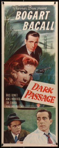 3m0048 DARK PASSAGE insert 1947 great c/u of Humphrey Bogart w/gun & sexy Lauren Bacall, very rare!