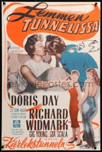 3p0009 TUNNEL OF LOVE Finnish 1959 Doris Day & Richard Widmark kissing + sexy Gia Scala!