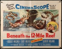 3p0788 BENEATH THE 12-MILE REEF 1/2sh 1953 cool art of scuba divers fighting octopus & shark!