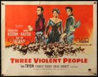 3p1134 THREE VIOLENT PEOPLE style A 1/2sh 1956 Anne Baxter between Charlton Heston & Gilbert Roland!