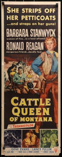 3p0571 CATTLE QUEEN OF MONTANA insert 1954 Barbara Stanwyck straps on her guns, Ronald Reagan!