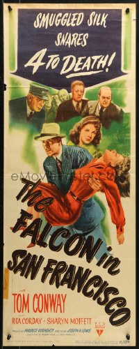 3p0604 FALCON IN SAN FRANCISCO insert 1945 detective Tom Conway carrying Rita Corday, ultra-rare!