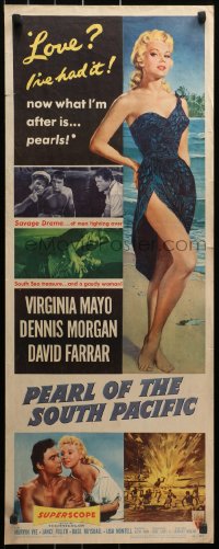 3p0678 PEARL OF THE SOUTH PACIFIC insert 1955 art of sexy Virginia Mayo in sarong & Dennis Morgan!