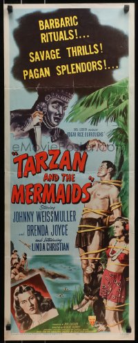 3p0727 TARZAN & THE MERMAIDS insert 1948 art of Johnny Weissmuller tied to tree w/sexy Brenda Joyce!