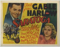 3r0898 SARATOGA linen TC 1937 Clark Gable & pretty Jean Harlow + cool horse racing artwork!