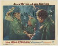 3r1356 SEA CHASE LC #8 1955 John Wayne & Lana Turner on ship's deck in intense rain storm!