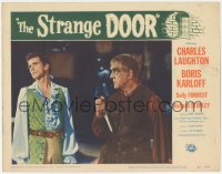 3r1396 STRANGE DOOR LC #8 1951 close up of creepy Boris Karloff with dagger staring at Stapley!