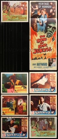 3s0121 LOT OF 8 1950S HORROR/SCI-FI LOBBY CARDS AND FOLDED INSERT 1950s cool movie scenes & more!
