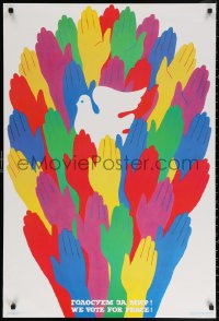 3t0583 WE VOTE FOR PEACE 26x38 Russian commercial 1988 colorful hands around dove by Babayeva!