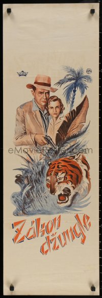 3t0024 ZAKON DZUNGLE Czech 12x38 1930s Stem art of tiger, woman and a man holding gun, please help!