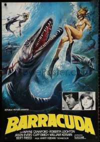 3t0105 BARRACUDA Italian 1sh 1978 great artwork of huge killer fish attacking sexy diver in bikini!