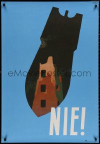 3t0672 NIE Polish 26x38 1980s WWII, Tadeusz art of destroyed building in the silhouette of bomb!