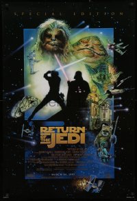 3t1055 RETURN OF THE JEDI style E advance 1sh R1997 George Lucas classic, cool montage art by Drew Struzan!