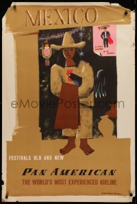 3t0495 PAN AMERICAN MEXICO 28x42 travel poster 1950s Kauffer art of a man holding chicken!