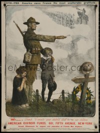 3t0510 AMERICAN OUVROIR FUNDS 24x32 French WWI war poster 1918 Jonas art of soldier & kids by grave!